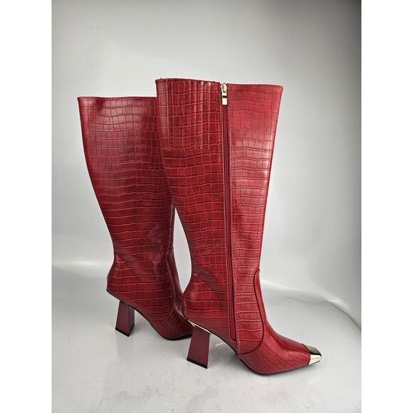 NIB Ninety Union Jada Size 9 Red Tall Boots w/ Gold Accents & Asymmetrical Heel - Picture 9 of 12